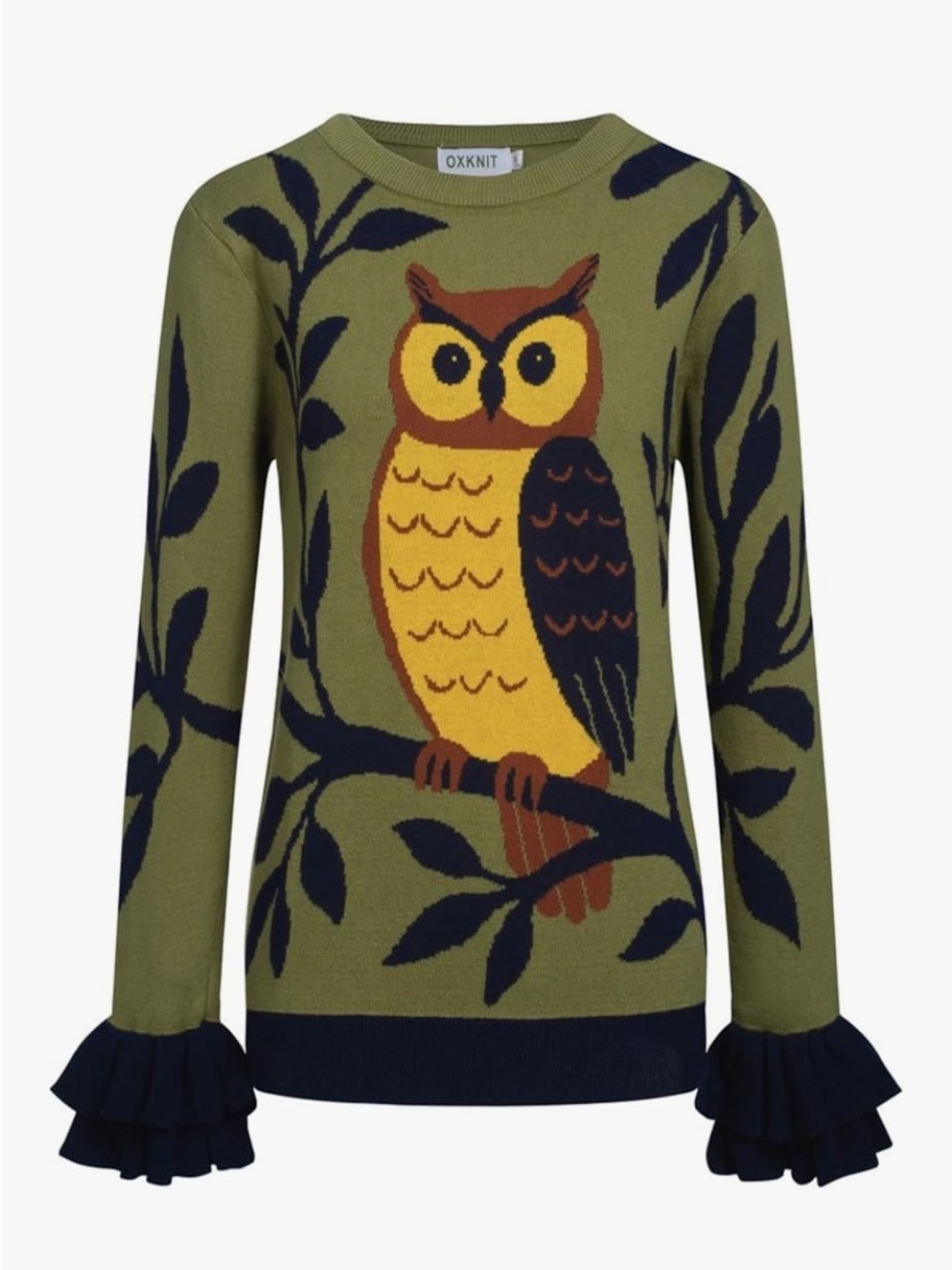 OXKNIT Olive Owl Intarsia Ruffle-Cuff Crewneck Sweater